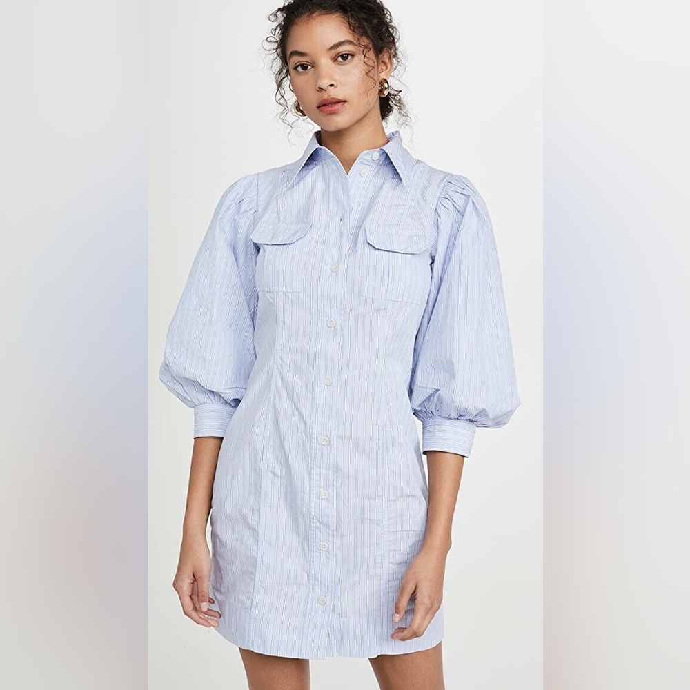 GANNI PUFF SLEEVE STRIPE COTTON DRESS SIZE 38 $265 BLUE NORDSTROM